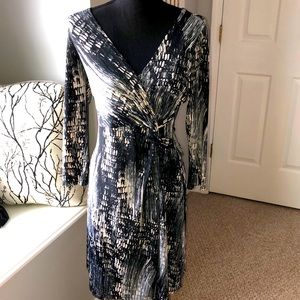 Silky dress print with grey, black & white wrap neckline design 3/4 sleeves